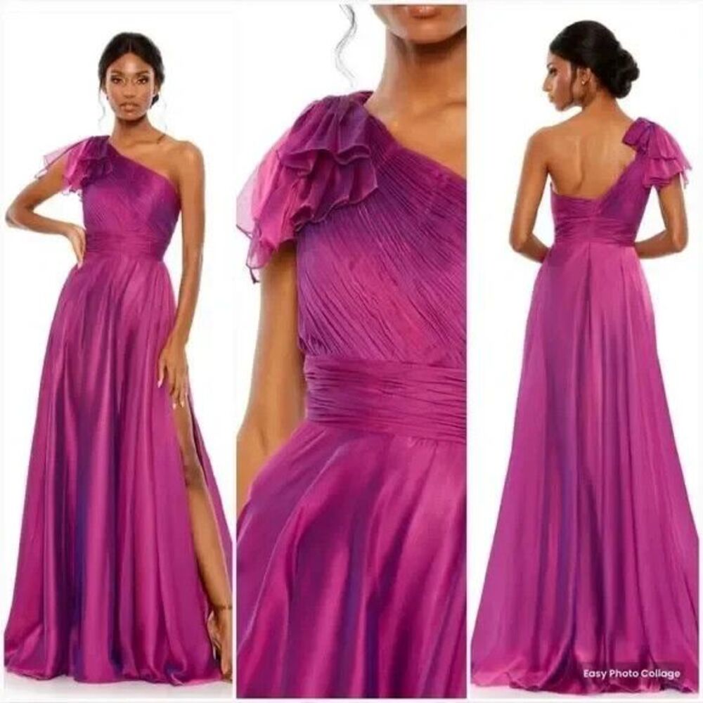NWT Mac Duggal 67476 Pink Pleated Flutter One Shoulder Chiffon Gown Sz 12 NWT